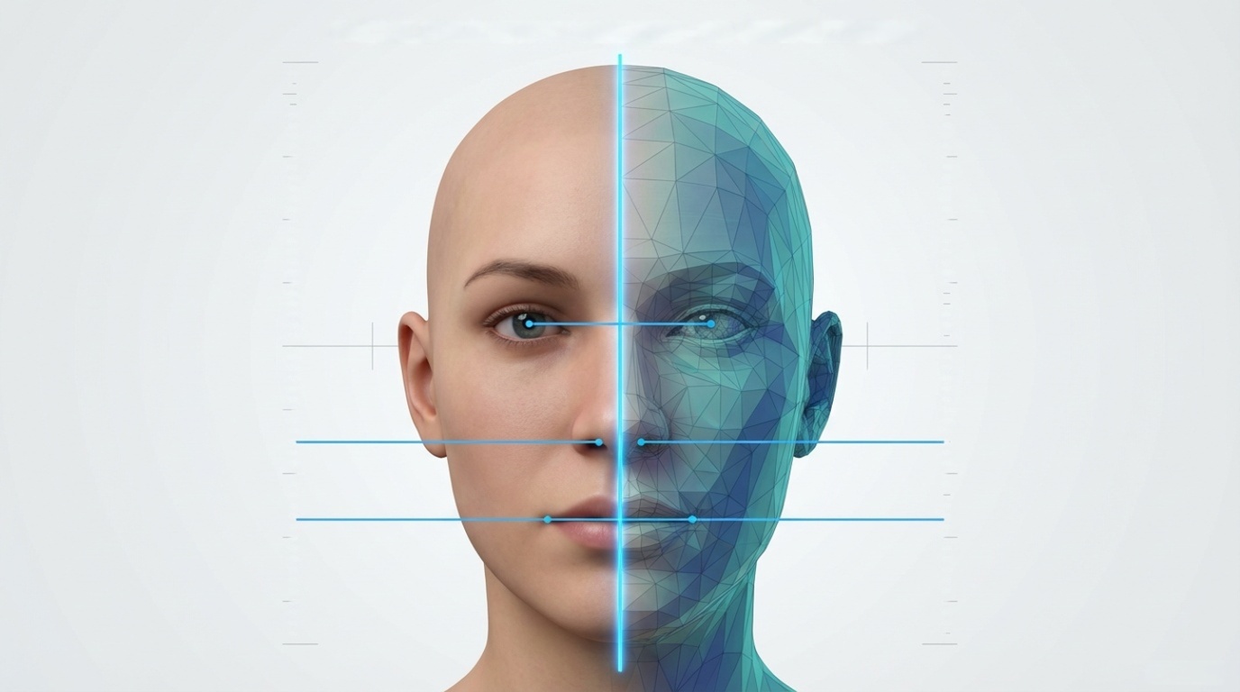 顔の中央線と左右の高さを比較する対称性チェックのイメージ