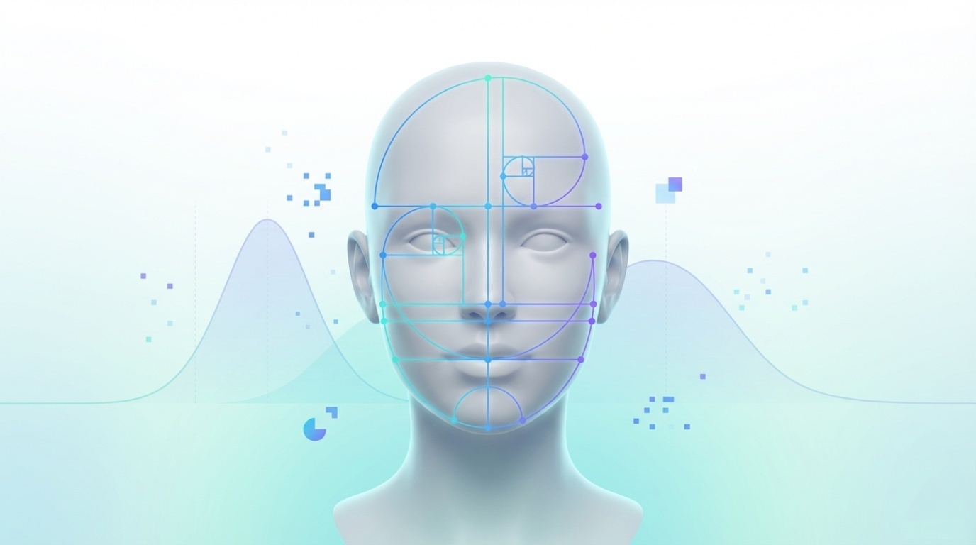 黄金比と統計処理で顔面偏差値を分析するイメージ